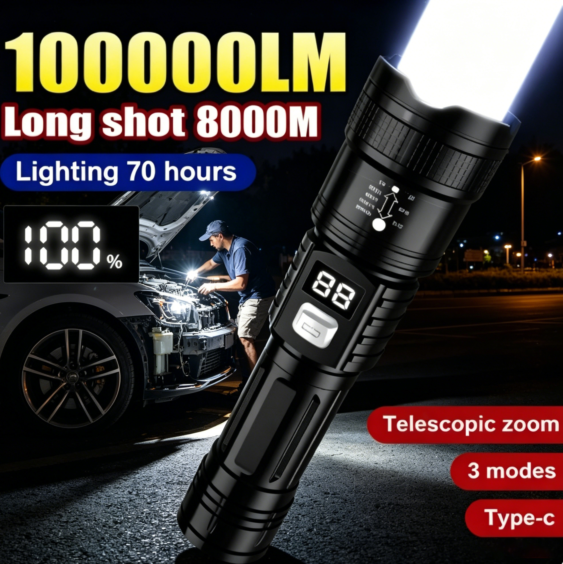Outdoor Camping And Fishing - Rechargeable LED Flashlight 100000LM Super Bright